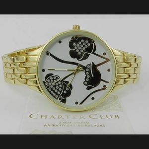 Charter Club Gold Black Flower CZ Watch
